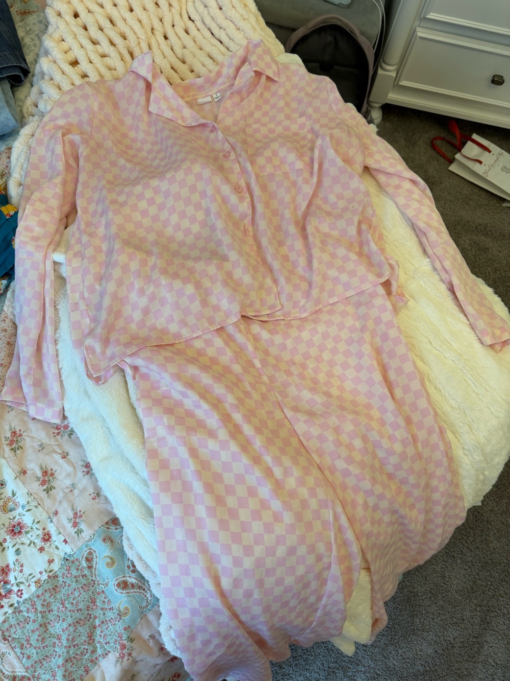 bp Pink and Cream Checkered Pajama Set